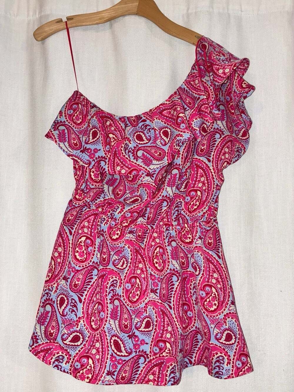 Heyson Size S Pink Paisley One Shoulder Ruffle Top